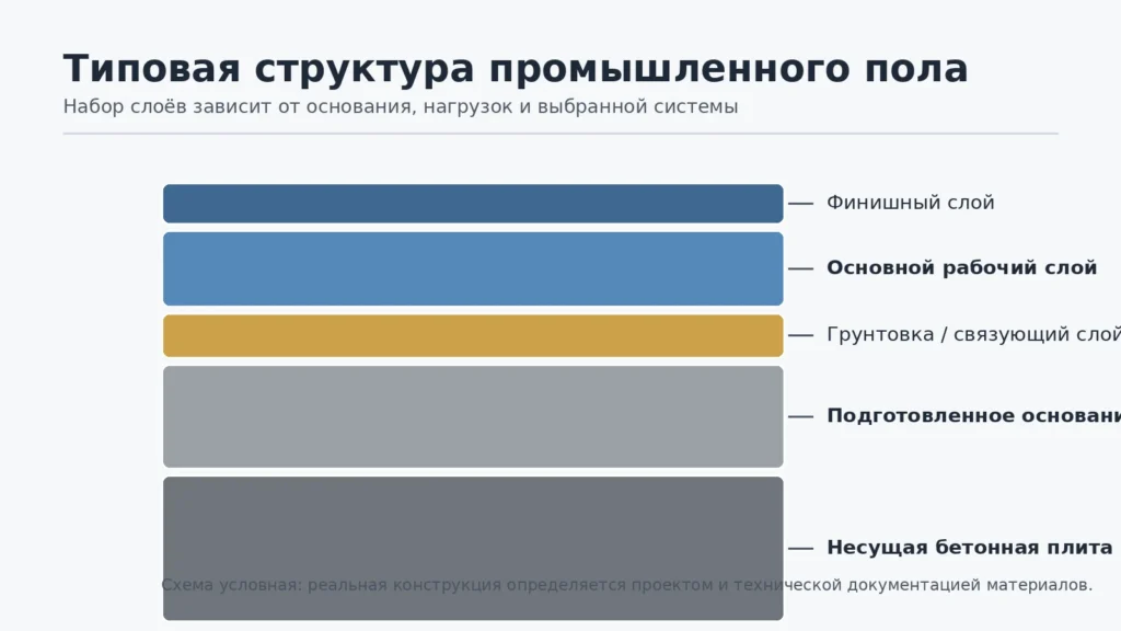 Схема слоёв промышленного пола от бетонного основания до финишного покрытия